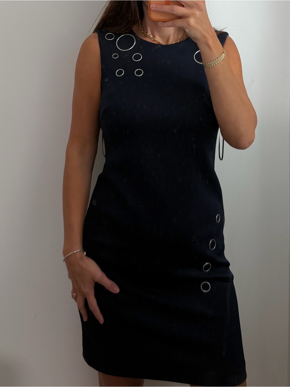 DKNY Black Sleeveless Shift Dress with Silver Eyelet Accents